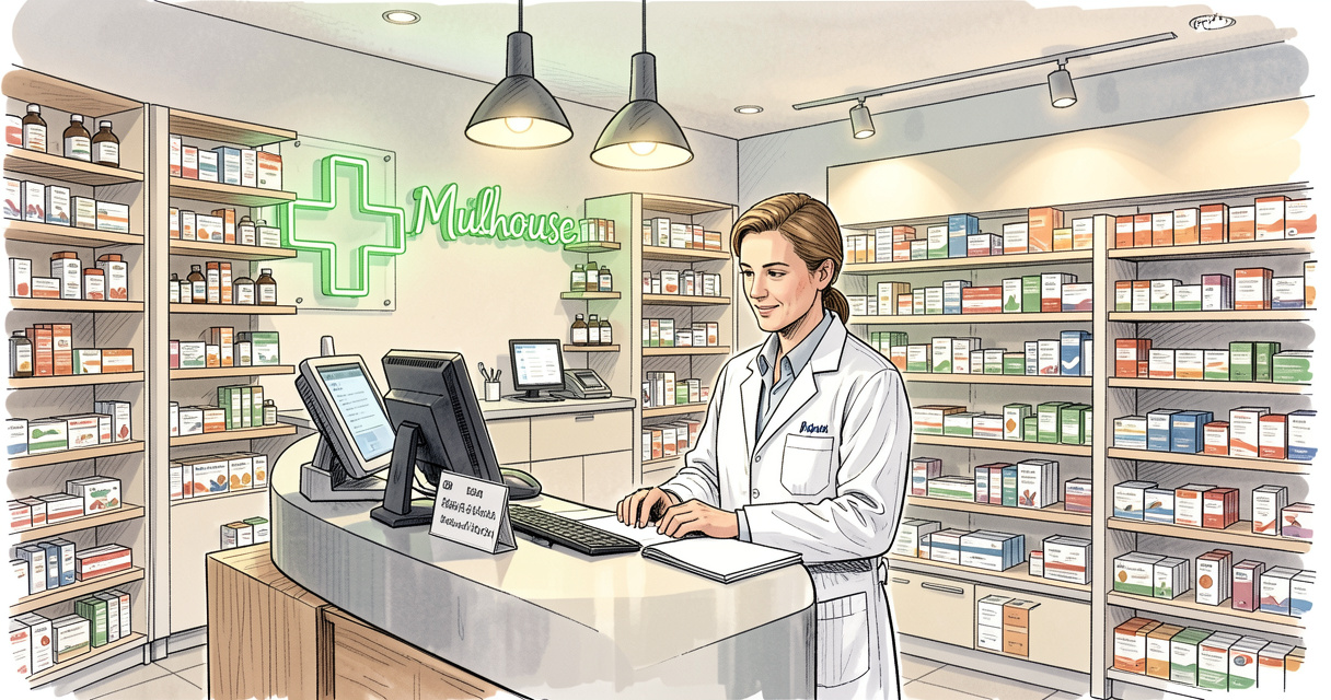 Pharmacie de garde Mulhouse - comptoir d'une pharmacie moderne avec pharmacien en blouse blanche et croix lumineuse vert