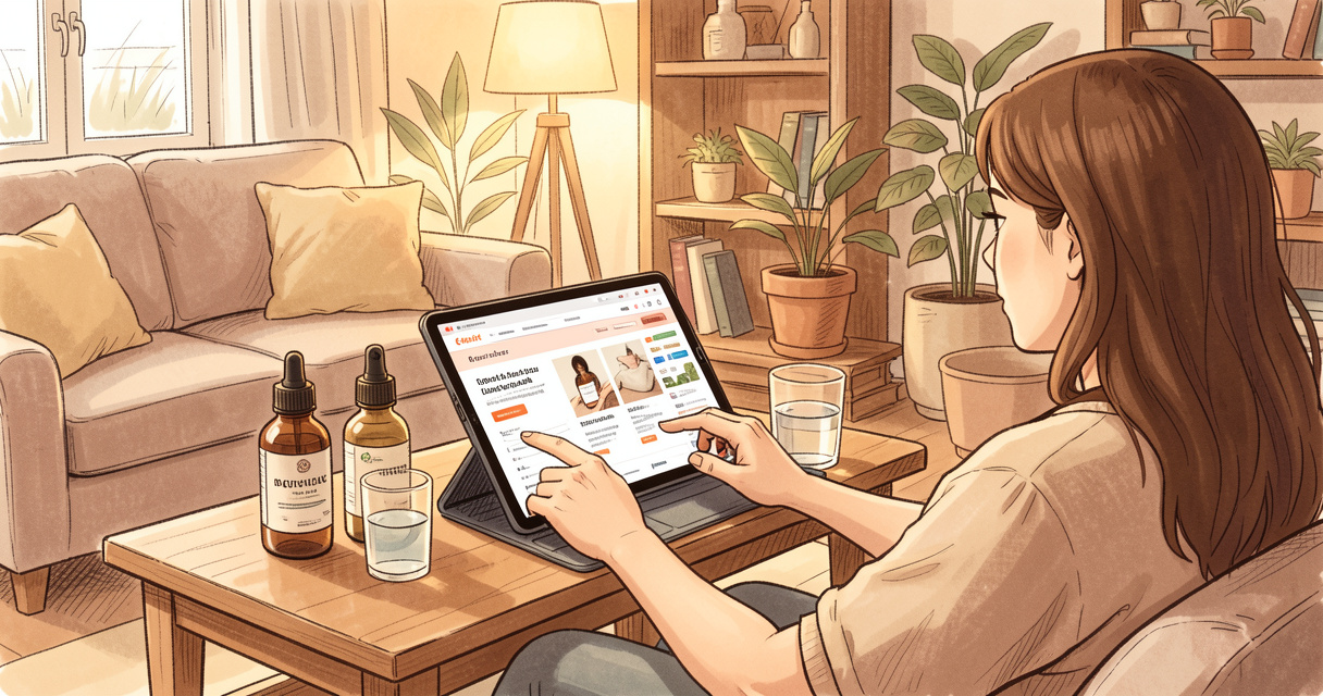 Commander en ligne sur le site de la Pharmacie de la Croisette, une cliente consulte ses achats sur tablette