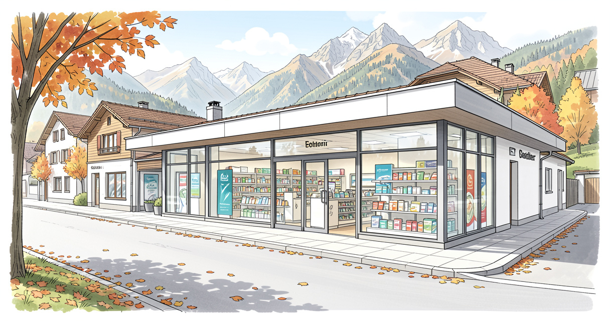 Façade d'une pharmacie à Gérardmer avec les Vosges en arrière-plan