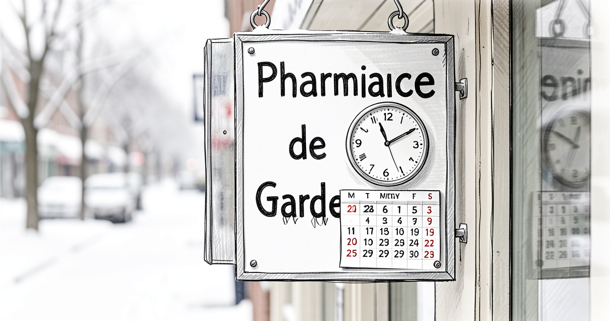 Panneau pharmacie de garde à Gérardmer sur fond enneigé en hiver