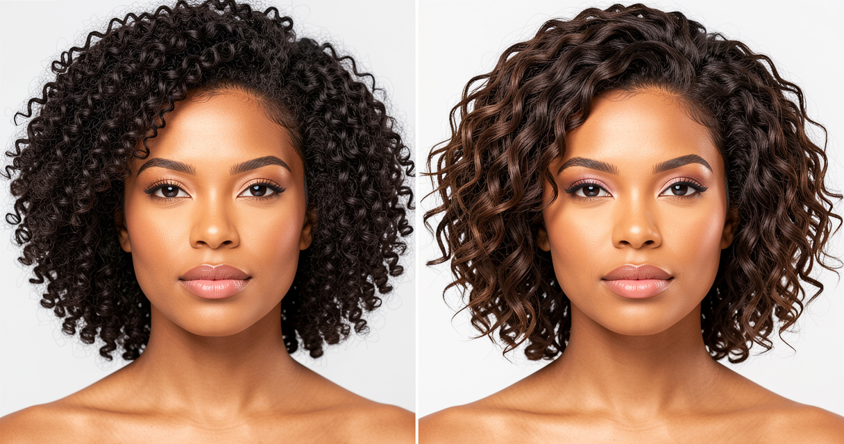 Femme aux cheveux frisés avant et après un lissage brésilien fait maison avec un kit kératine