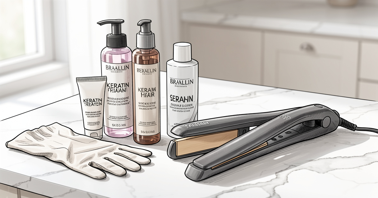 Kit complet de lissage brésilien contenant flacons de kératine, sérum et fer à lisser sur fond marbre