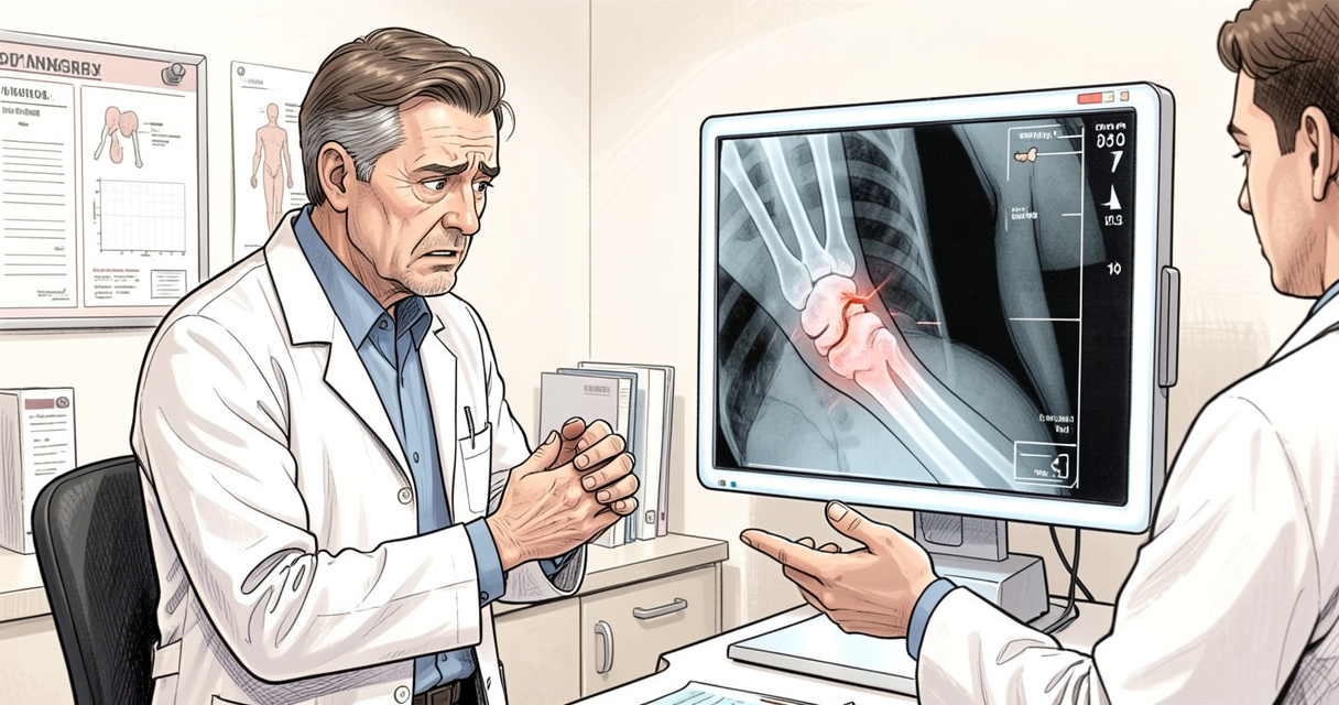 Patient présentant un poignet gonflé après fracture du radius, consultation médicale avec radio