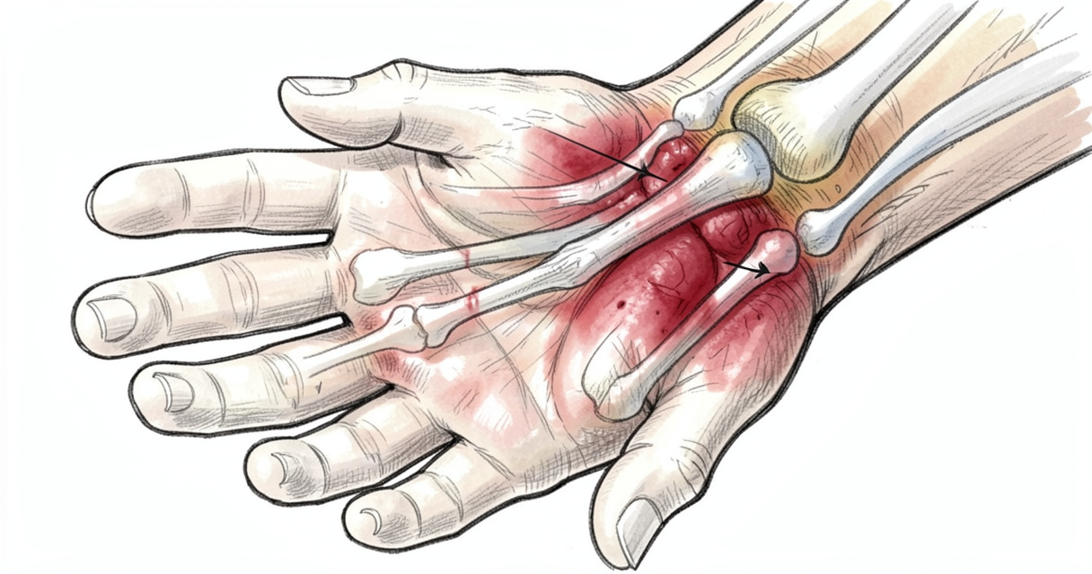 Gros plan sur une fracture du poignet compliquée avec œdème et ecchymoses, diagnostic clinique