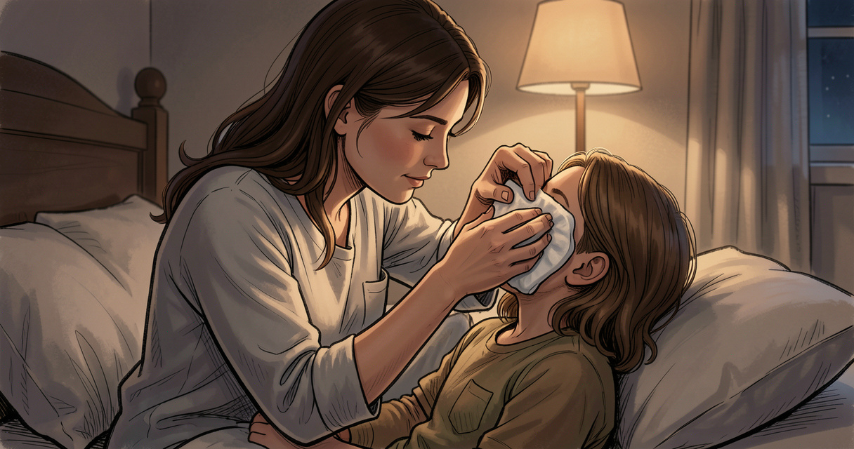 Maman appliquant une compresse chaude sur l'oreille de son enfant pour soulager une otite en pleine nuit