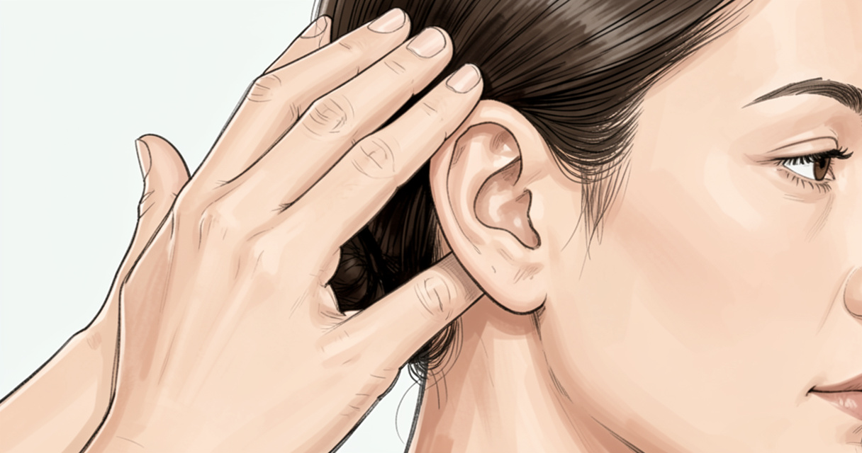 Massage doux derrière l'oreille pour calmer la douleur d'une otite nocturne chez un adulte