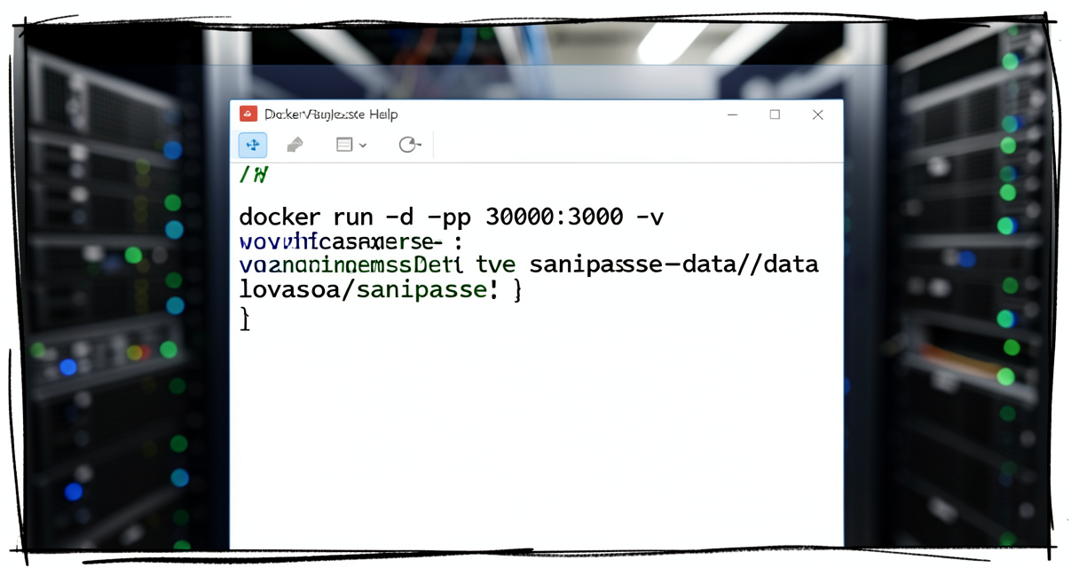 Terminal Docker avec commande d'installation de Sanipasse sur un serveur