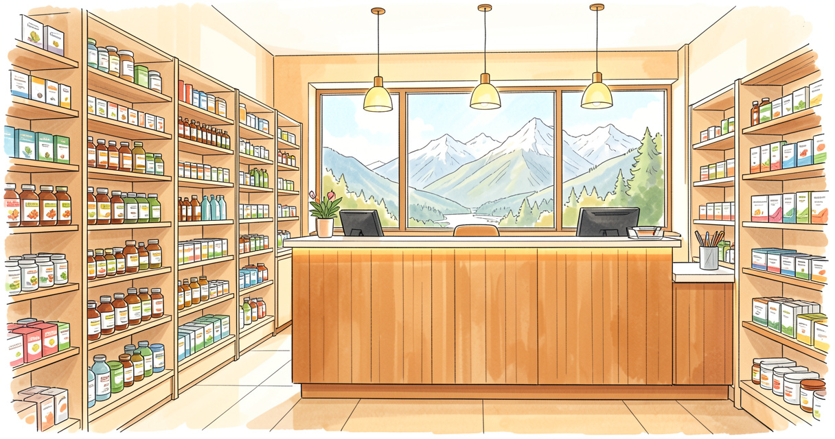 Intérieur lumineux d'une parapharmacie à Gérardmer avec rayonnages de produits de santé et comptoir d'accueil