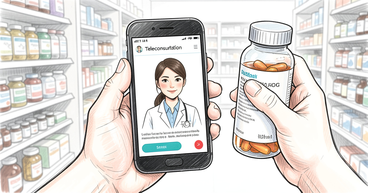 Téléconsultation en parapharmacie à Gérardmer via smartphone avec flacon de vitamines visible
