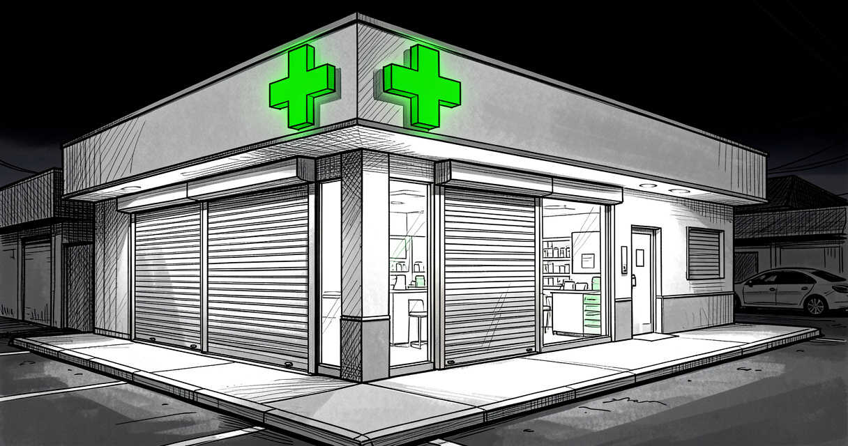Pharmacie de garde Chambéry de nuit avec croix verte lumineuse et rideau baissé
