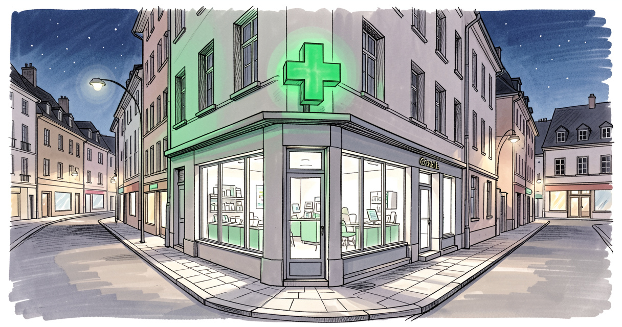 Pharmacie de garde de nuit à Grenoble avec croix verte allumée