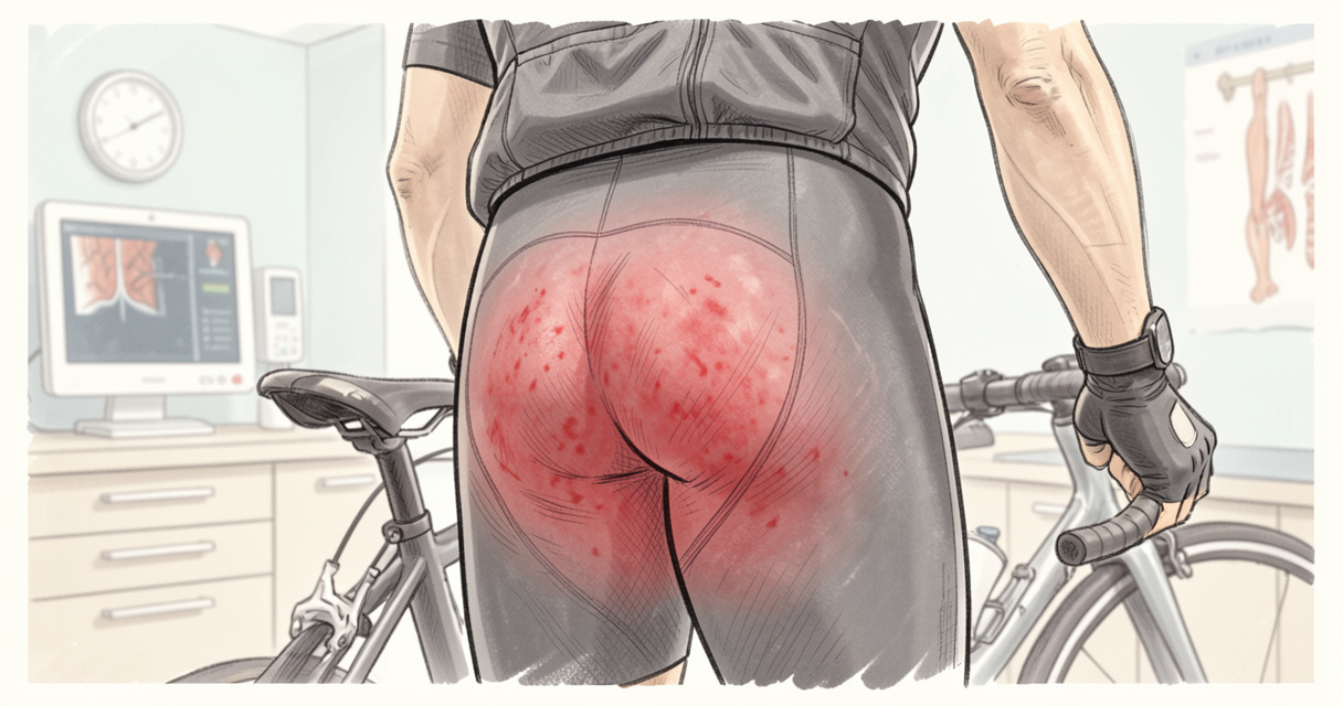 Peau irritée au niveau du fessier d'un adulte après une activité sportive, rougeurs caractéristiques d'un érythème fessi