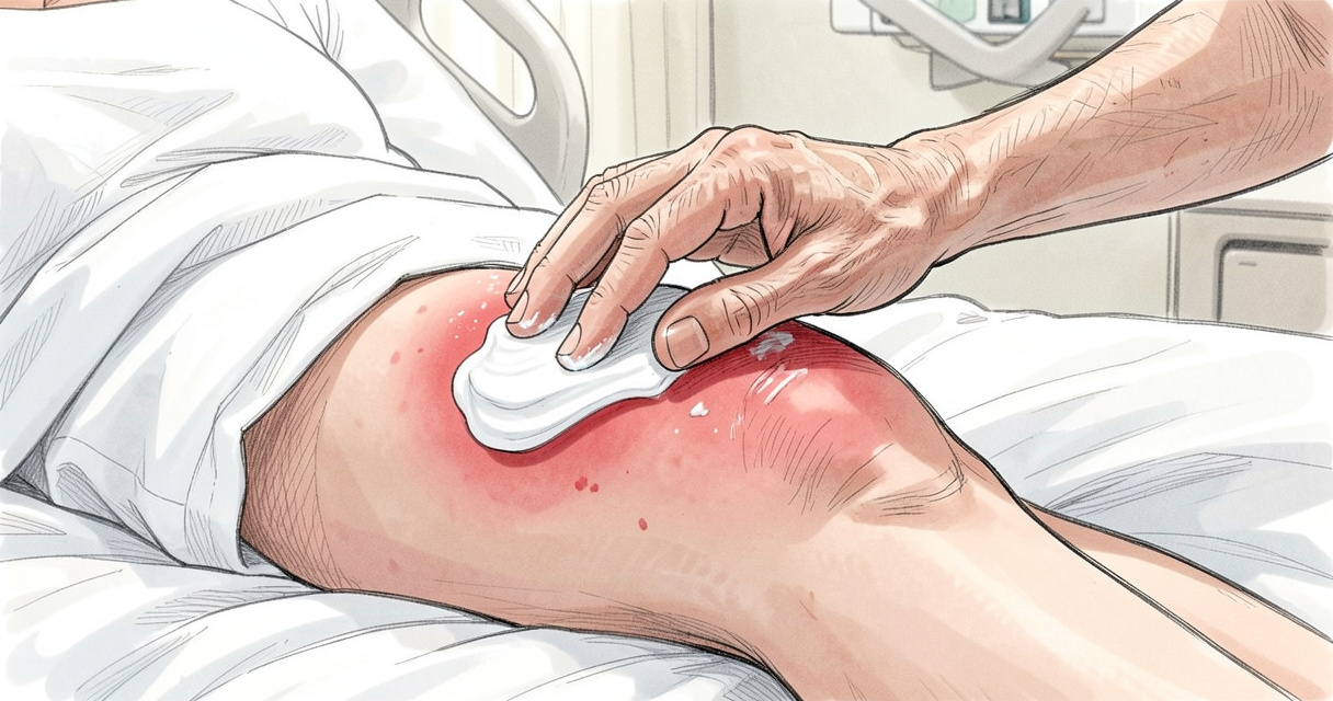 Application d'une crème barrière à l'oxyde de zinc sur une irritation fessier adulte, main âgée effectuant le soin.