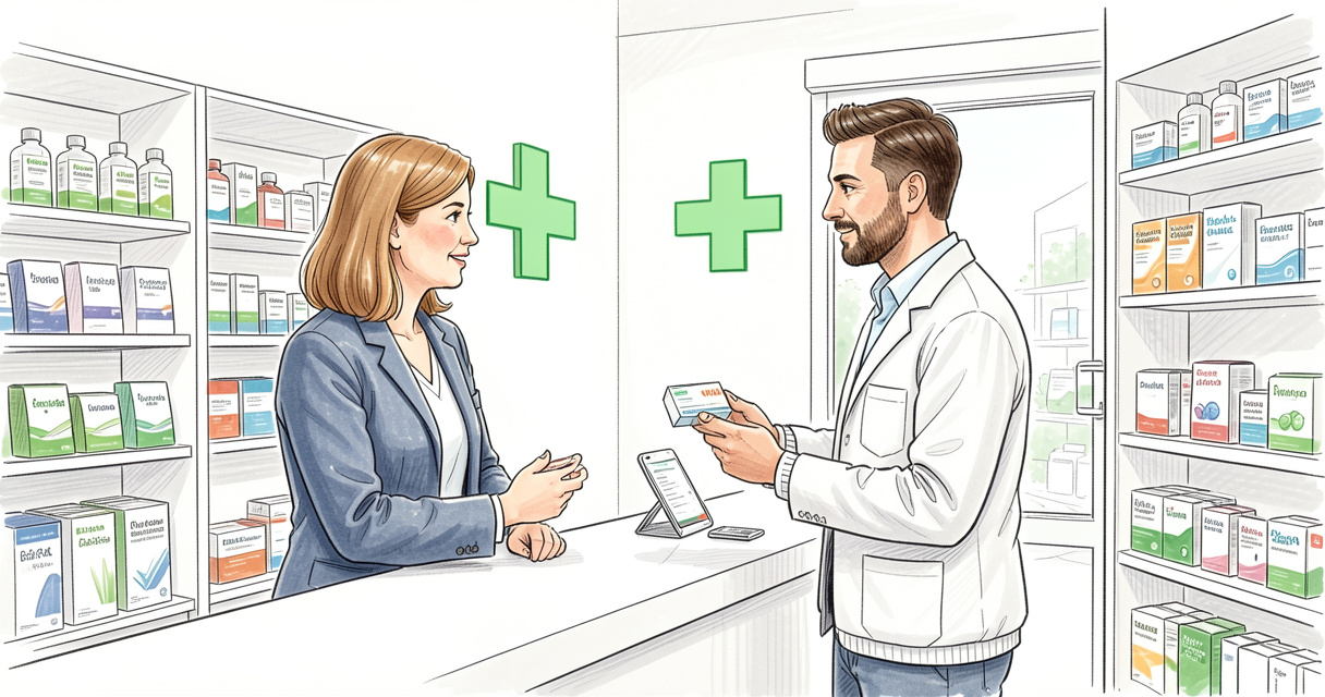 Patient demandant un test coqueluche en pharmacie, pharmacien présentant un boîtier de test