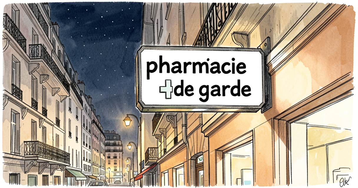 Enseigne d'une pharmacie de garde la nuit à Paris 13
