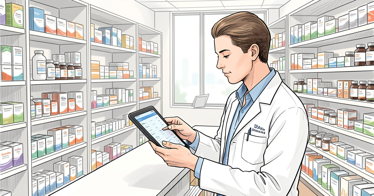 Pharmacien consultant Vigirupture sur tablette pour dépanner une rupture de médicaments