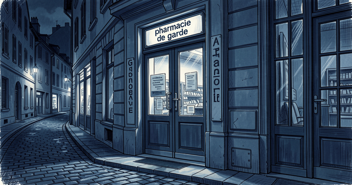 Pharmacie fermée la nuit à Grenoble, vitrine sombre et enseigne éteinte, rue déserte