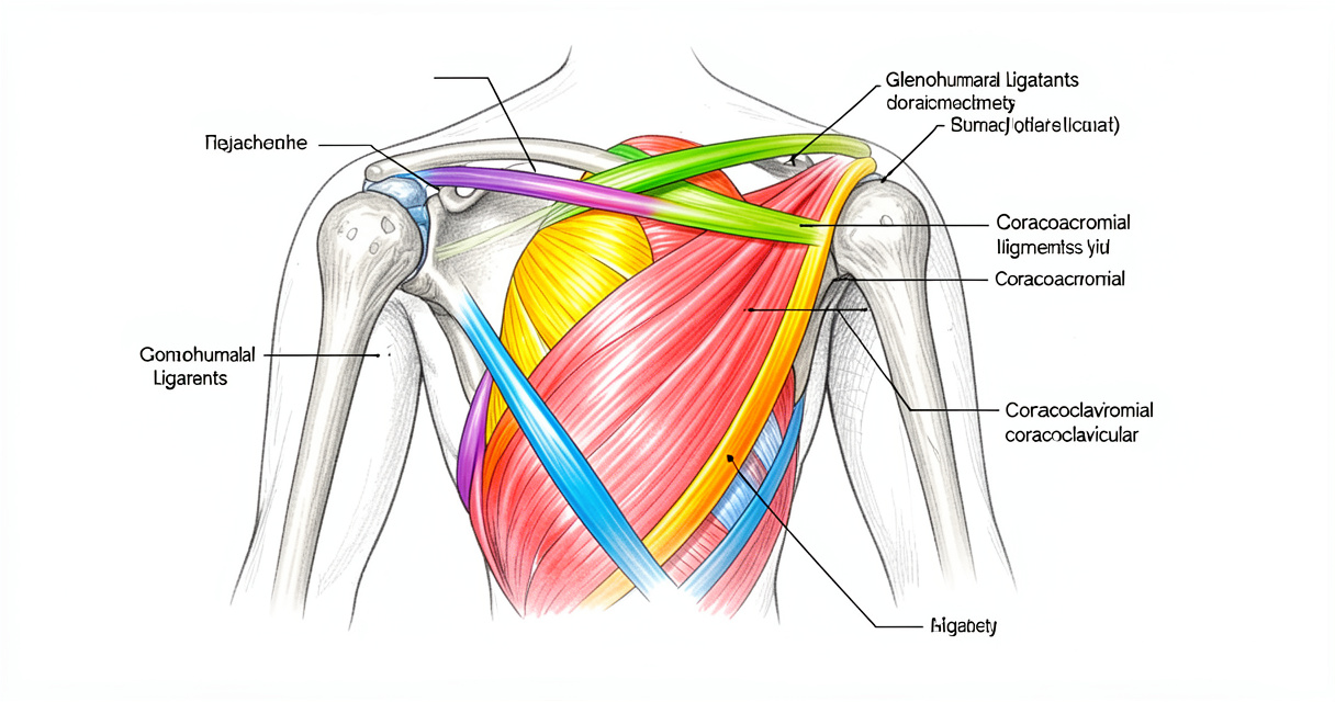 Schéma des ligaments de l'épaule montrant les ligaments gléno-huméraux et coraco-acromial