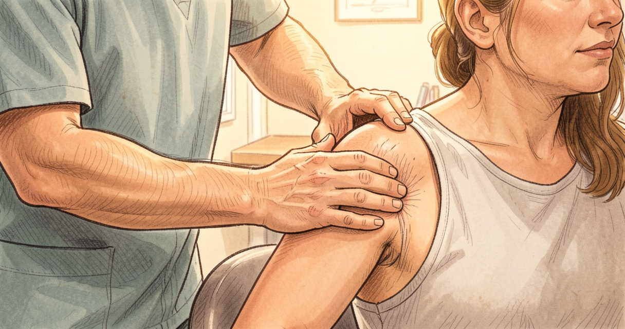 Kinésithérapeute réalisant un test de stabilité de l'épaule pour évaluer les ligaments