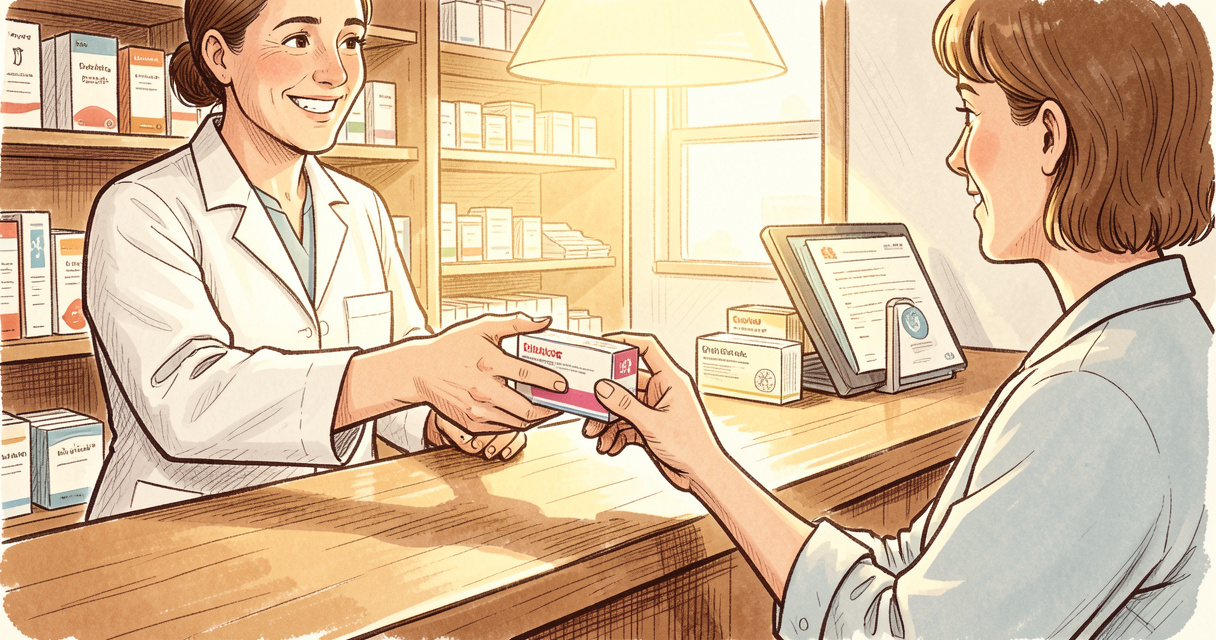 Pharmacien conseillant un client dans une pharmacie de Gérardmer - comptoir de vente