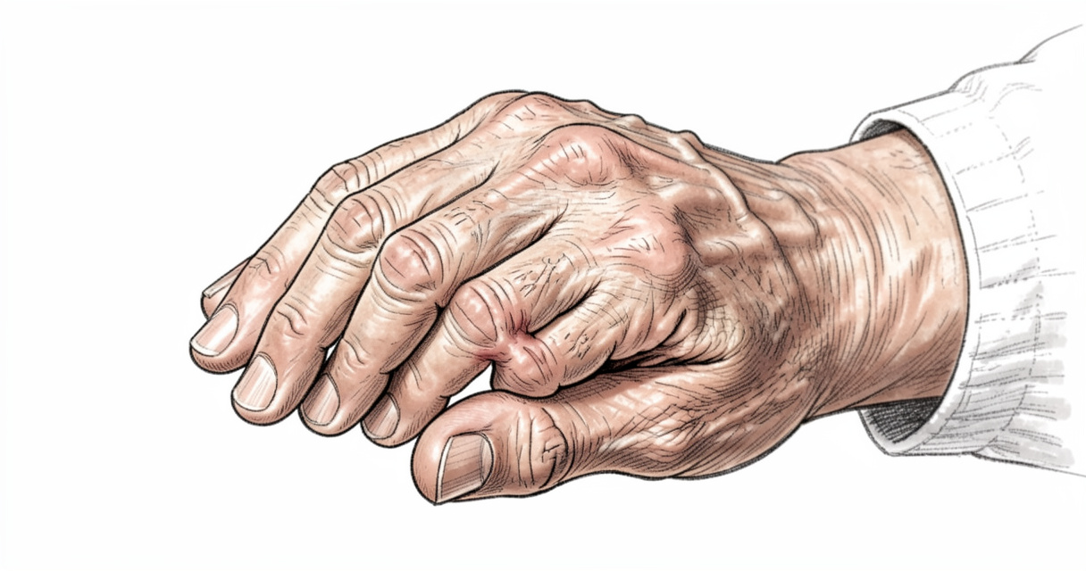 Main âgée présentant des nodules d'Herberden signes d'arthrose des doigts déformés