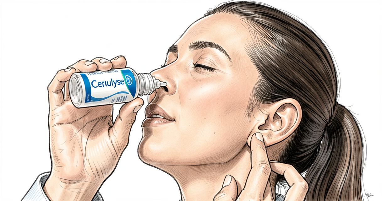 Instillation de Cérulyse dans l'oreille, tête penchée, pour dissoudre un bouchon de cérumen – fréquence 3 fois par jour