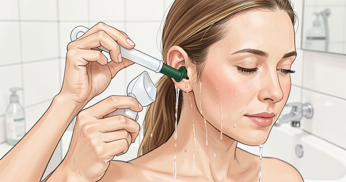 Rinçage de l'oreille avec une poire auriculaire après utilisation de Cérulyse, eau tiède, soin auriculaire