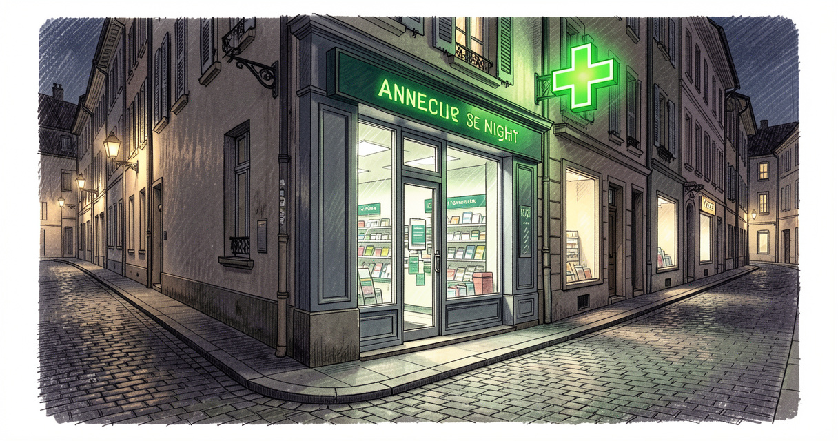 Façade d'une pharmacie de garde la nuit à Annecy avec croix lumineuse verte