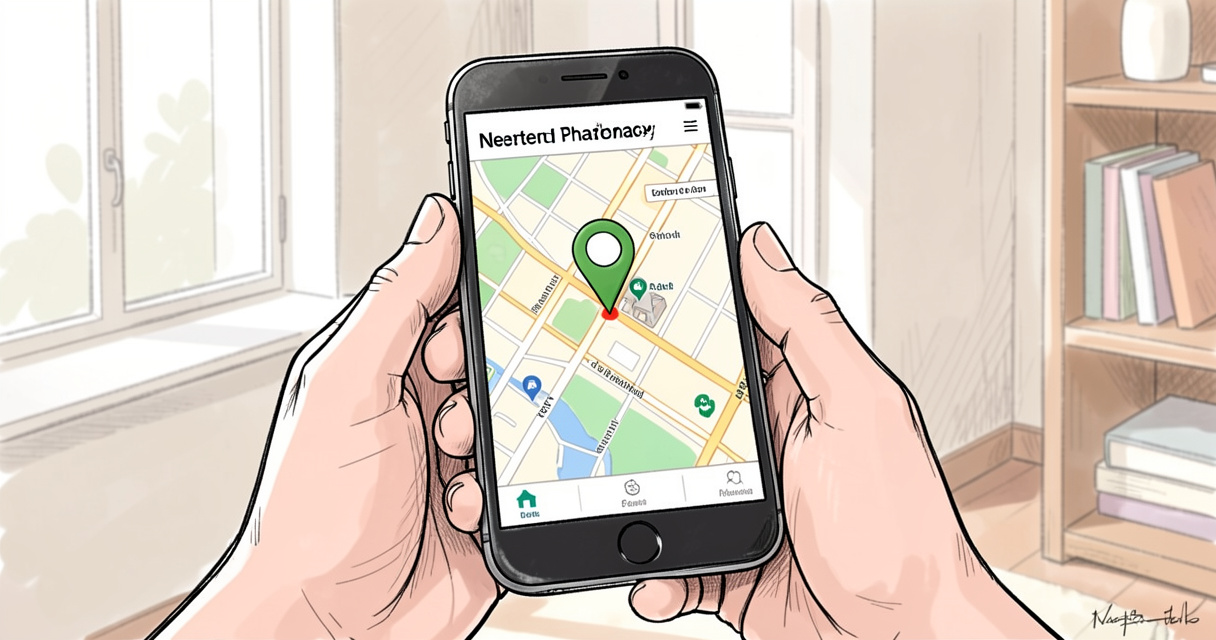 Recherche de pharmacie de garde sur smartphone avec carte et itinéraire