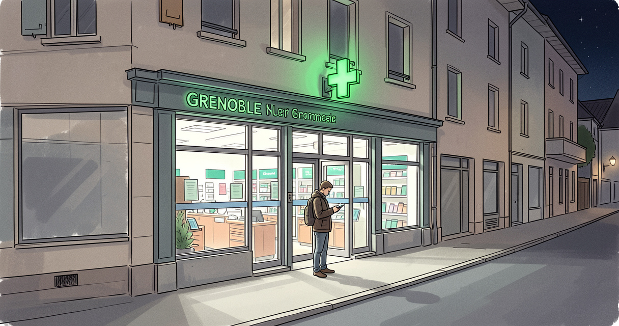 Façade de pharmacie de garde à Grenoble la nuit avec croix verte allumée