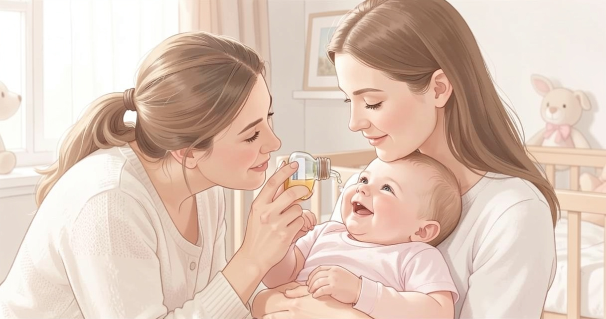 Maman administrant les gouttes de BabySpasmyl à son nourrisson pour soulager les coliques rapidement