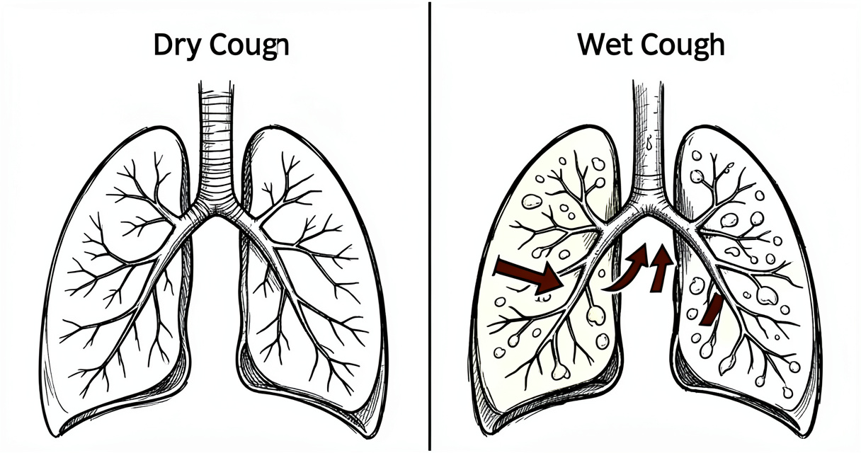 Illustration schématique différence toux sèche et toux grasse mécanisme bronches