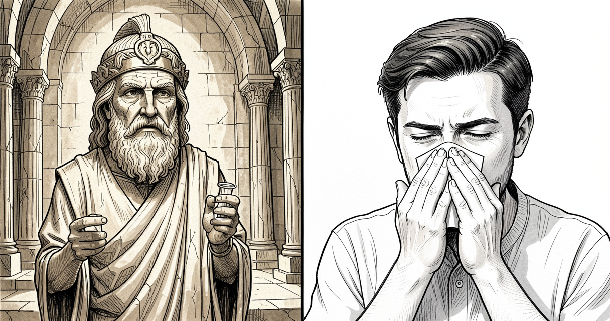 Illustration comparant une oracle antique et un homme moderne éternuant, superstition éternuement