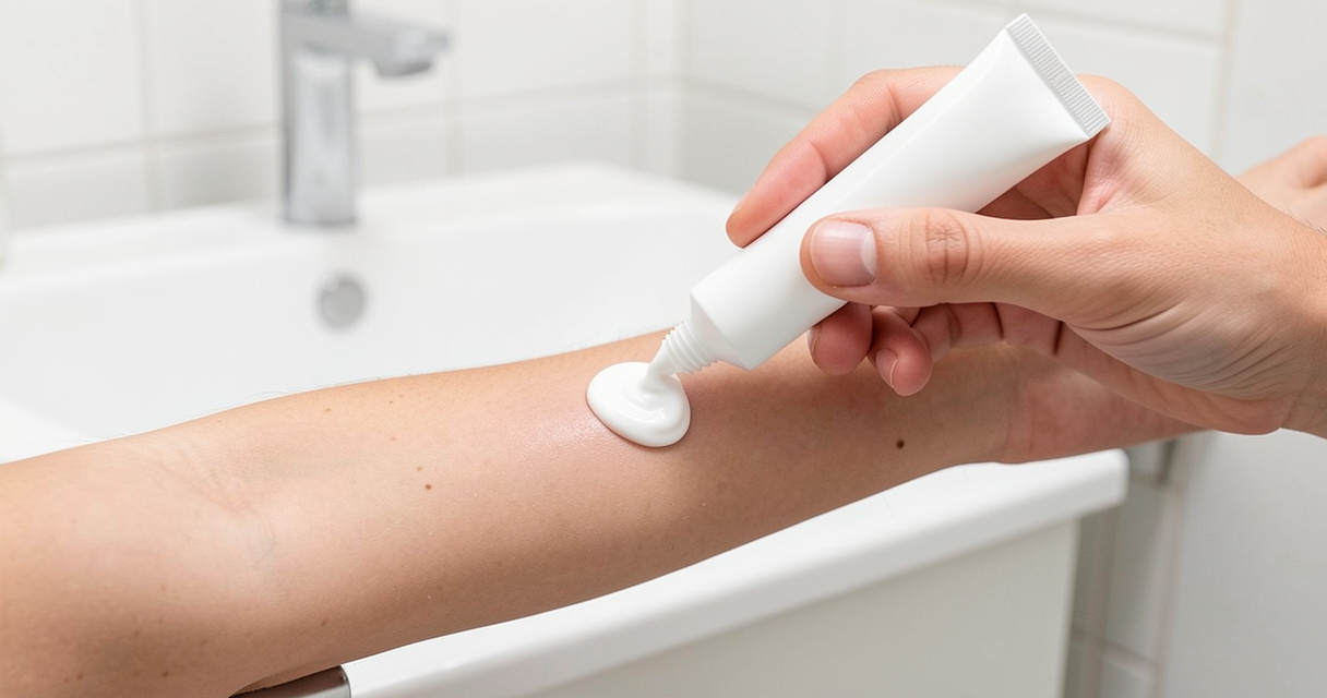 Application de la crème Auréocyde sur une petite plaie superficielle du bras