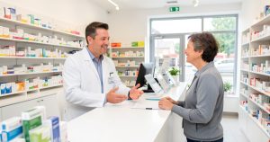 Pharmacien prodiguant un conseil pharmaceutique au comptoir d une officine pour la délivrance d un médicament hybride ou biosimilaire