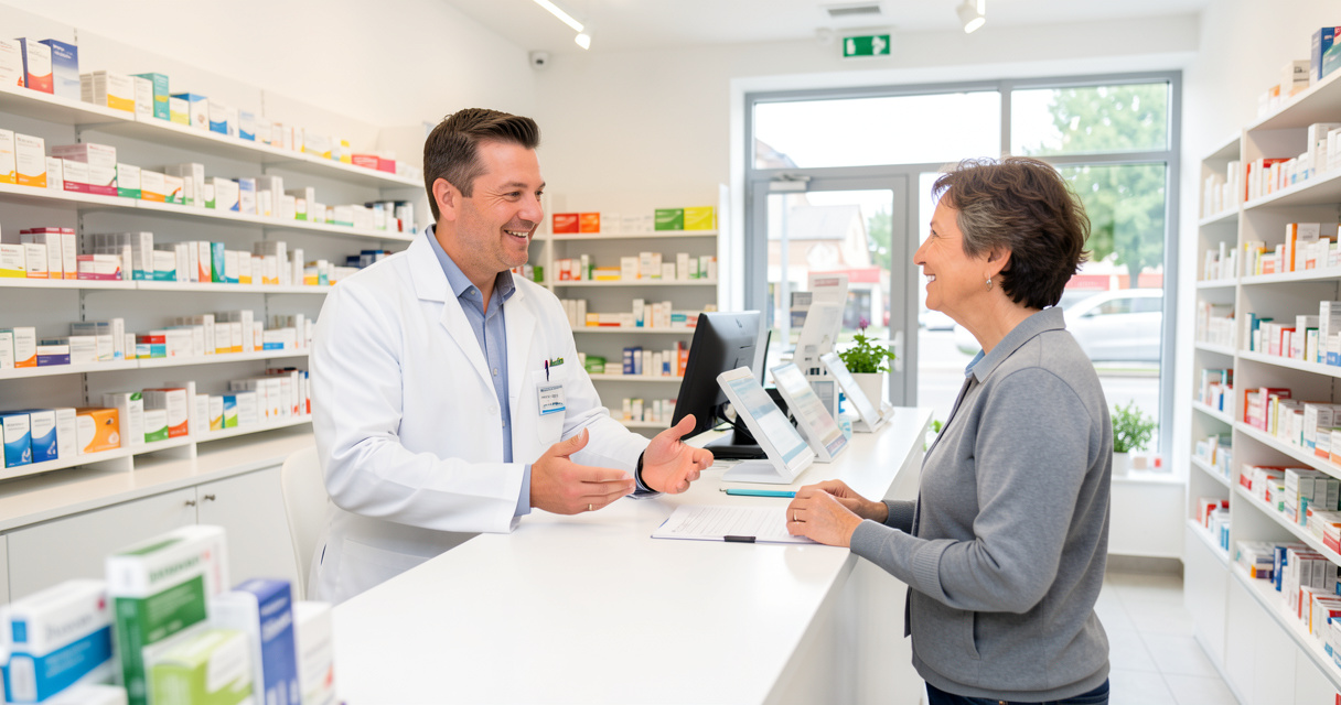 Pharmacien prodiguant un conseil pharmaceutique au comptoir d une officine pour la délivrance d un médicament hybride ou biosimilaire