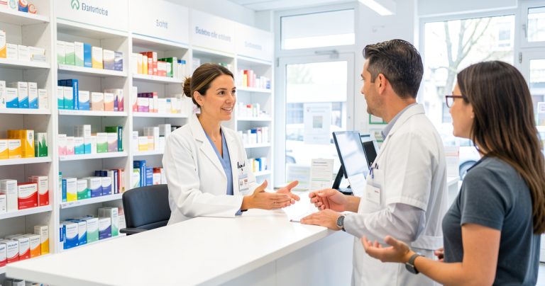 Pharmacien conseillant un patient au comptoir d une officine de sante