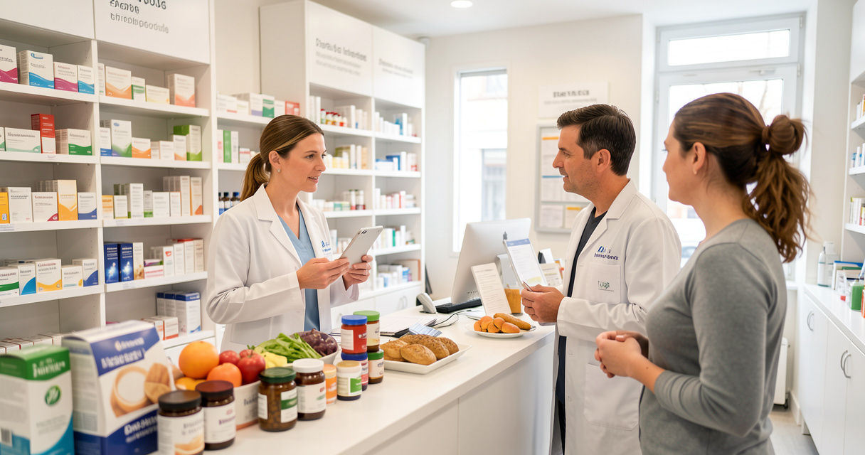 Pharmacien conseillant un patient sur les conseils de prise des médicaments et les interactions alimentaires
