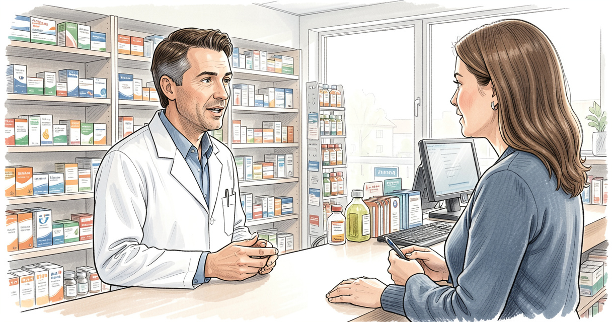 Test coqueluche en pharmacie prix : pharmacien conseillant une patiente à l'officine