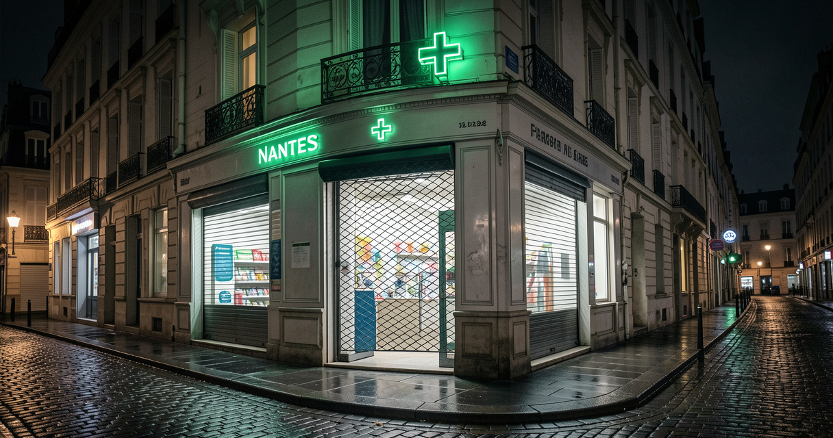 Pharmacie de garde à Nantes : croix verte allumée devant une officine, la nuit