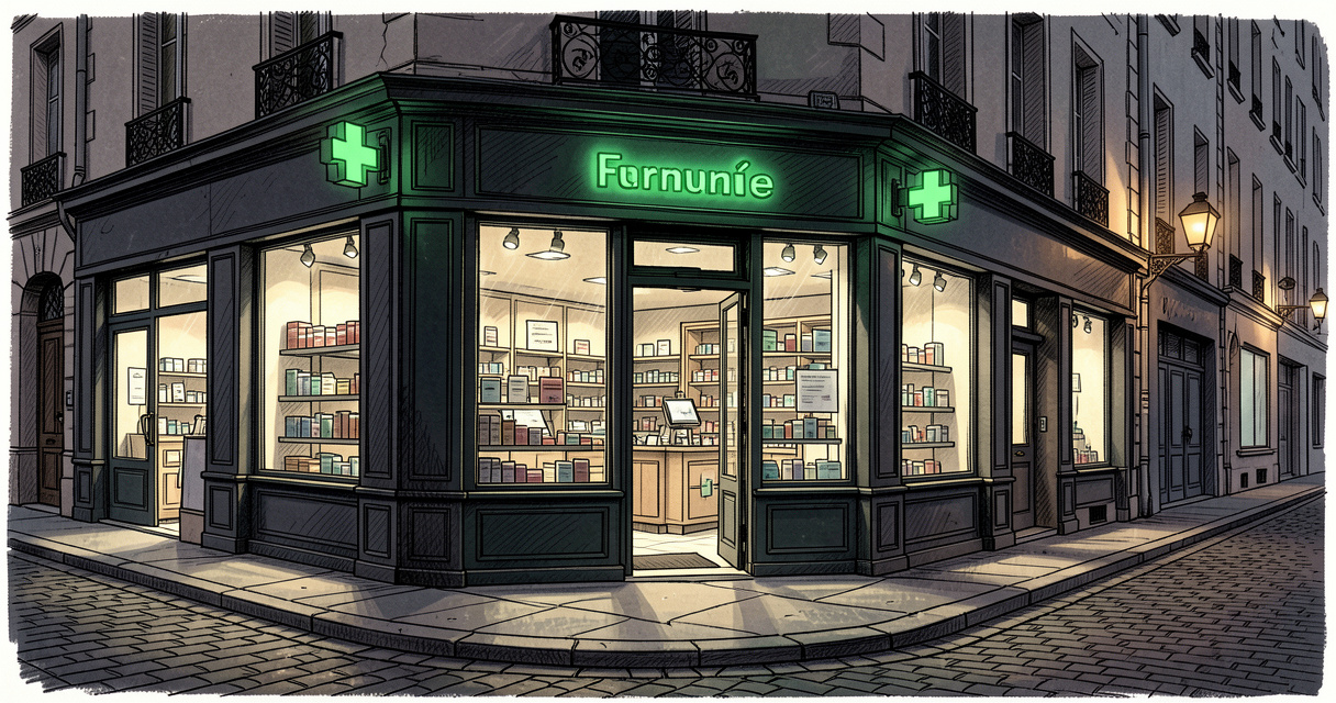 Pharmacie de garde à Bordeaux de nuit, croix verte lumineuse et rue calme