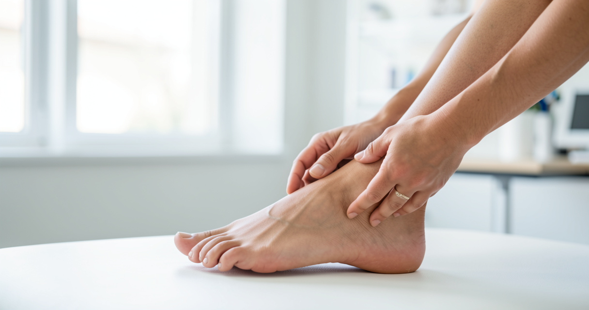 Examen podologique d'un pied gauche douloureux par un professionnel de santé