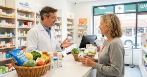 Pharmacien conseillant une patiente au comptoir d'une pharmacie sur l'alimentation et la prise de médicaments