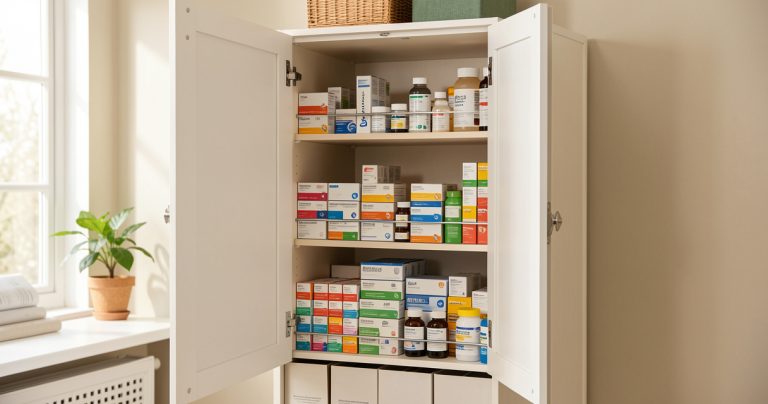 Armoire à pharmacie organisée pour sécuriser le stockage des médicaments à domicile