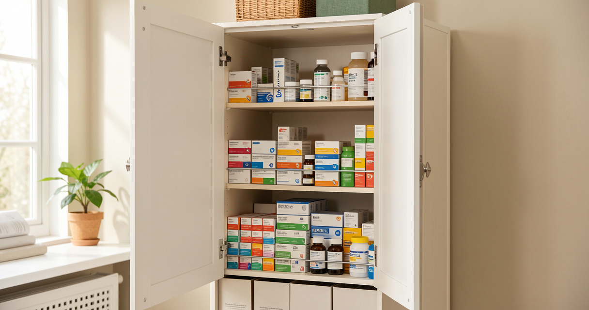 Armoire à pharmacie organisée pour sécuriser le stockage des médicaments à domicile
