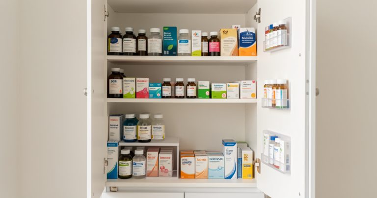 Armoire à pharmacie familiale bien ordonnée et sécurisée pour le stockage des médicaments à domicile