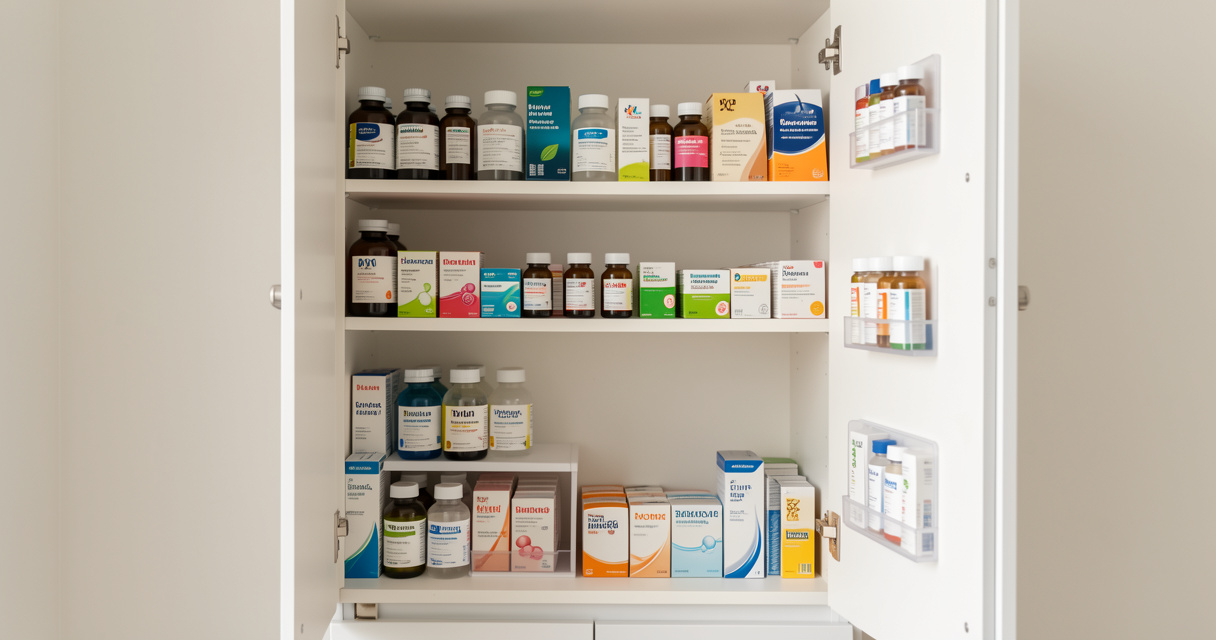 Armoire à pharmacie familiale bien ordonnée et sécurisée pour le stockage des médicaments à domicile