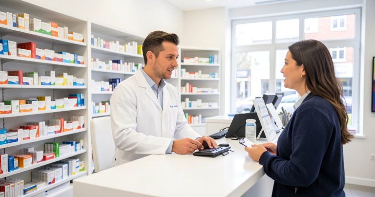 Pharmacien dispensant un conseil pharmaceutique au comptoir d une officine pour le bon usage des médicaments en cas de chaleur