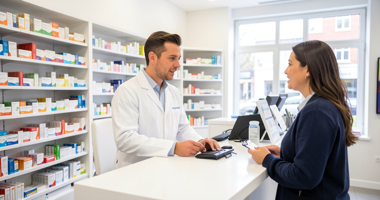 Pharmacien dispensant un conseil pharmaceutique au comptoir d une officine pour le bon usage des médicaments en cas de chaleur