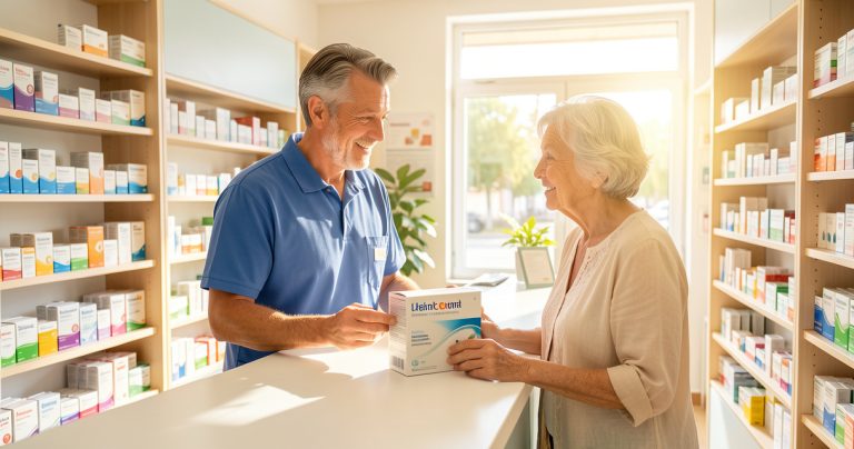 Pharmacien conseillant une patiente sur les précautions liées aux médicaments pendant une forte chaleur.
